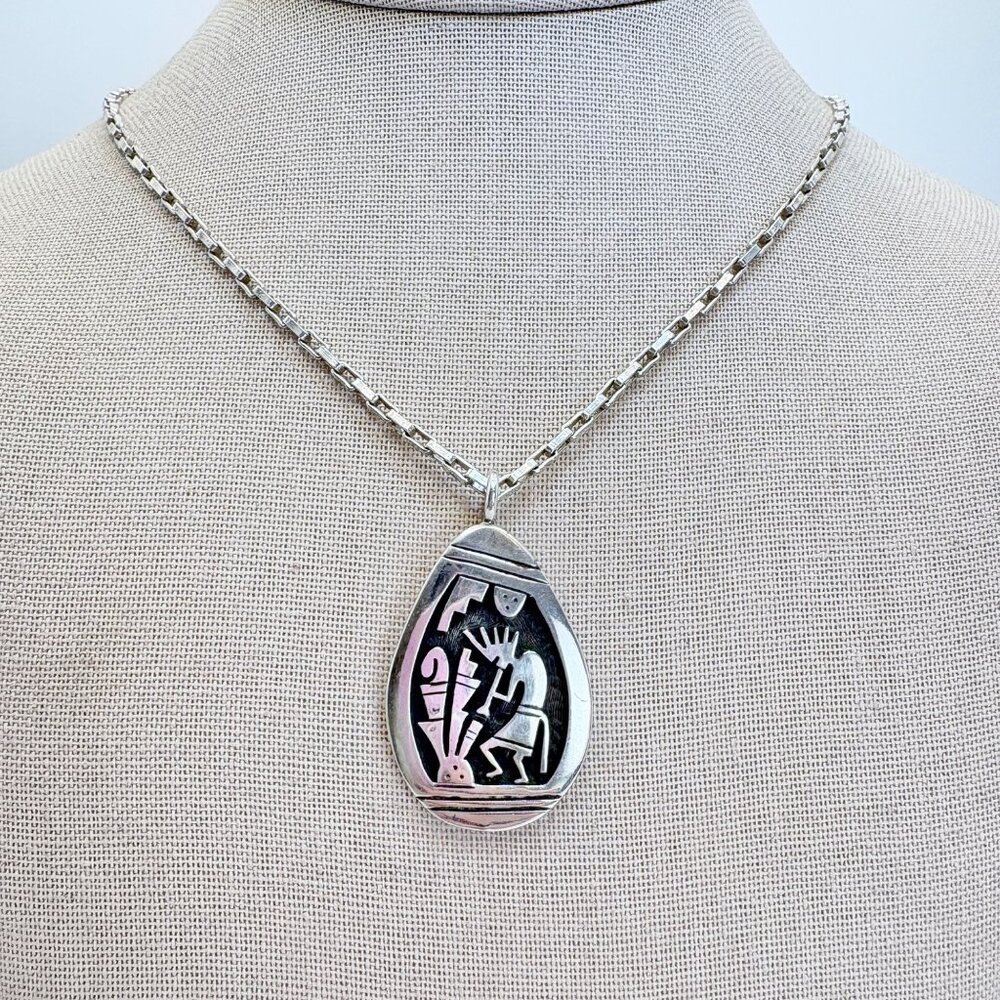 VTG Sterling Silver 925 Kokopelli Oval Link Chain Pendant Necklace 25.5" Length